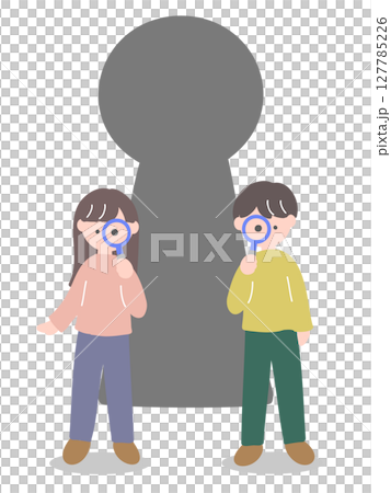 Young man and woman in casual clothes looking through a magnifying glass in front of a large keyhole 127785226