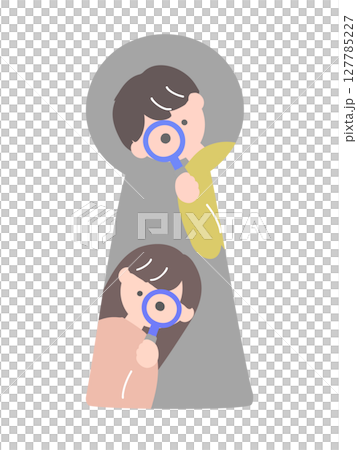 圖:一男一女用放大鏡透過鑰匙孔觀察 圖:一男一女用放大鏡透過鑰匙孔觀察 127785227