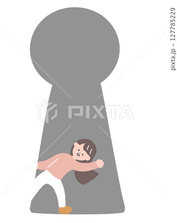 鍵穴から女性がひょっこり出てくるイラスト　大きな鍵穴と小さい人物 127785229