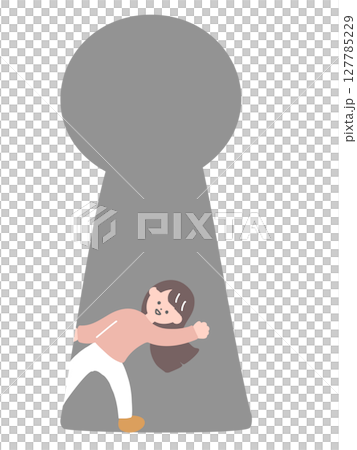 一名女子從鑰匙孔探出的插圖：一個大鑰匙孔和一個小身影 127785229