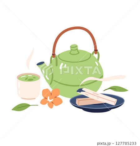 Composition of teapot, cup and incense. Hand drawn vector illustration for wellness branding, aromatherapy packaging and spa menu design. 127785233