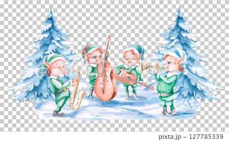Composition with a jazz band of Christmas elves. Isolated watercolor illustration on the theme of music for the design of postcards, posters, concert tickets, poster printing, interior design. 127785339