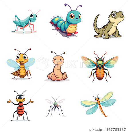 Vsai cute insects and small lizard cartoon characters posing Vsai cute insects and small lizard cartoon characters posing 127785387
