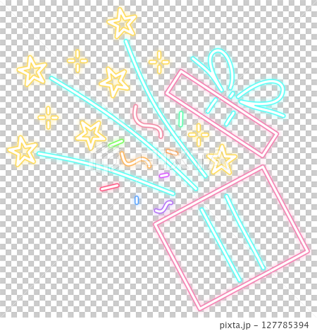 Neon Glow Gift Box with Glowing Stars and Confetti 127785394