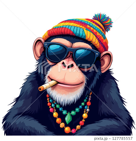 Vsai cool chimpanzee wearing sunglasses, beanie and necklace smoking cigarette 127785557