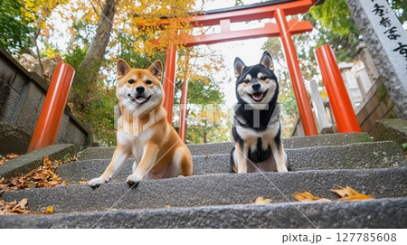 紅葉の参道に座る2匹の柴犬が見守る神社の散歩 127785608
