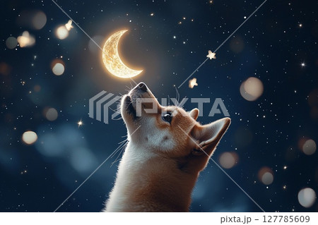星空と三日月の下で夢見るように夜空を見上げる柴犬 星空と三日月の下で夢見るように夜空を見上げる柴犬 127785609