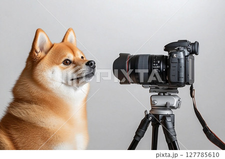 三脚の前でモデル立ちする柴犬のポートレート風景 127785610