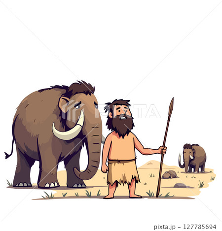 Vsai caveman holding spear hunting with mammoth in prehistoric era 127785694