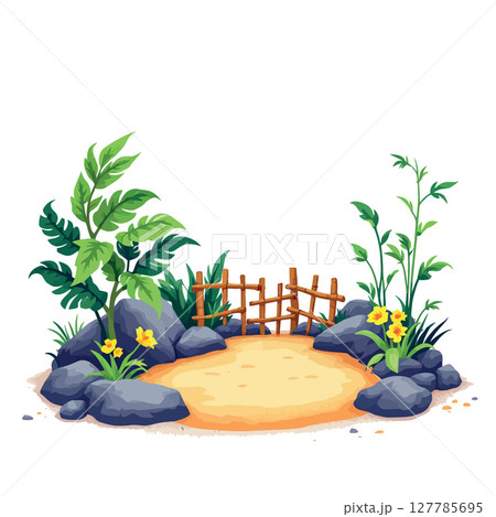 Vsai tropical plants and bamboo growing around empty sand patch with wooden fence 127785695