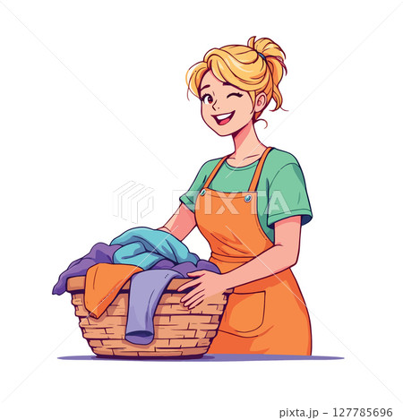 Vsai smiling housewife holding laundry basket full of clothes 127785696