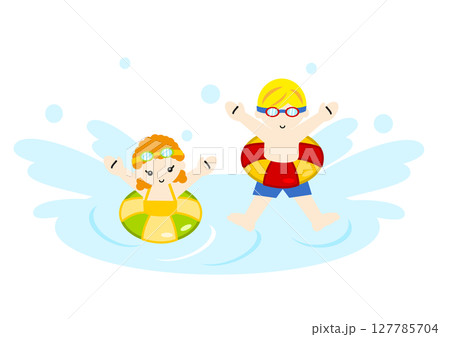 浮き輪で水遊びするかわいい白人の子供たちのイラスト 浮き輪で水遊びするかわいい白人の子供たちのイラスト 127785704