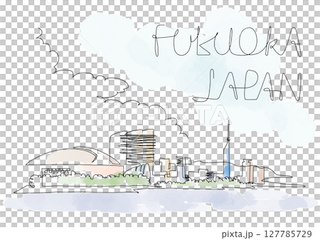 Fukuoka City Momochi Seaside scenery, one-stroke painting and watercolor 127785729
