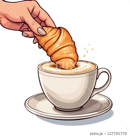 Vsai woman dipping freshly baked croissant into cappuccino for delicious breakfast 127785770