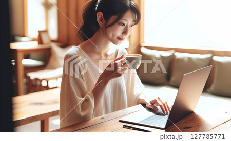 カフェでパソコンを使う女性 127785771