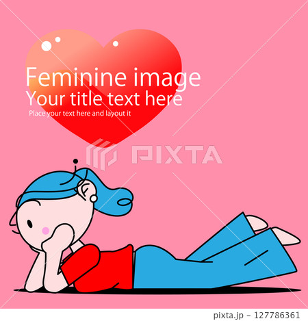 可愛い女性のちびキャラが考えながら寝ているポーズ 127786361