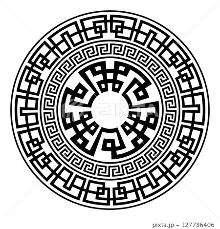 Greek round pattern on white background. Decorative round frame. Abstract vector geometric ornament. Greek key meanders. Vector illustration. Classic egyptian, assyrian, greek motives 127786406