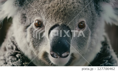 A close-up portrait of a koala shows its soft fur and gentle eyes, capturing hearts with its charm. 127786462