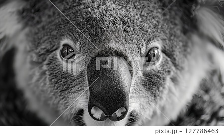 A close-up of a koala shows its soft fur and gentle eyes, embodying the charm of this Australian marsupial. 127786463