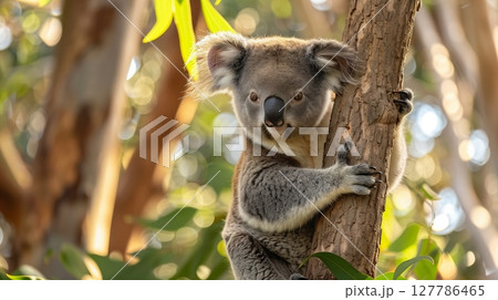 A koala clings to a eucalyptus branch, hidden among the lush green foliage of its natural habitat. 127786465