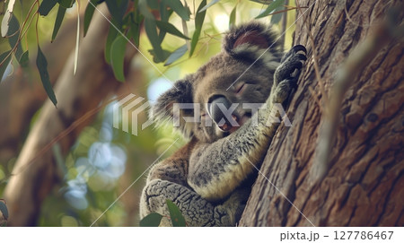 A sleepy koala rests in a eucalyptus tree, serenely swaying in the gentle breeze. A sleepy koala rests in a eucalyptus tree, serenely swaying in the gentle breeze. 127786467