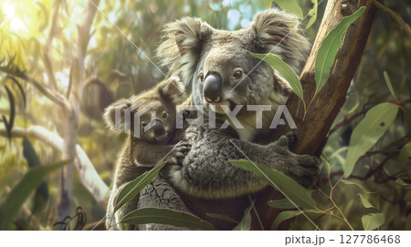 A mother koala and her joey explore the forest, enjoying their serene treetop habitat. A mother koala and her joey explore the forest, enjoying their serene treetop habitat. 127786468
