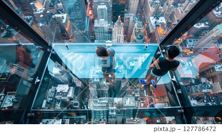 Tourists enjoy stunning views in a glass elevator high above New York City, feeling thrilling vertigo. 127786472