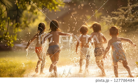 Children run through a sparkling sprinkler on a hot day, laughter filling the air in carefree joy. Children run through a sparkling sprinkler on a hot day, laughter filling the air in carefree joy. 127786484