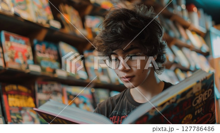 A transgender person relaxes in a bookstore, lost in a colorful comic book that offers escape and belonging. 127786486