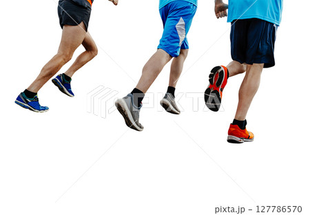 rear view three runners running marathon isolated on white background 127786570