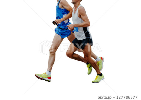blind runner with his guide running marathon isolated on white background 127786577