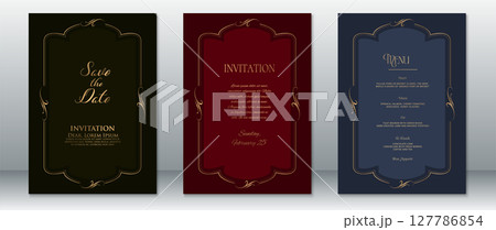 Luxury Wedding Invitation and Menu Set with Gold Vintage Frames on Black, Burgundy, and Navy Blue Backgrounds 127786854