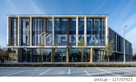 A contemporary school building features bold lines and innovative materials for an inspiring atmosphere. 127787023