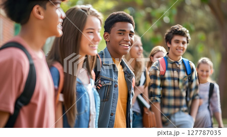 Excited new students explore campus facilities, bonding over discoveries like the library and sports complex. 127787035