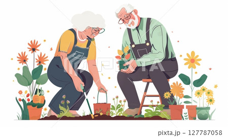 A senior couple bonds while learning to plant vibrant flowers and veggies in a gardening class. 127787058