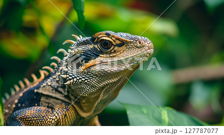 A water dragon lizard rests in lush foliage, its vivid eye reflecting nature's beauty. 127787077