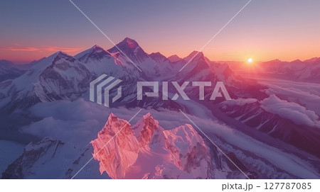 Sunset from Mount Everest reveals stunning orange and purple skies over majestic Himalayan peaks. Sunset from Mount Everest reveals stunning orange and purple skies over majestic Himalayan peaks. 127787085