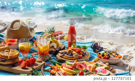 Enjoy a beach picnic with fresh fruit, savory sandwiches, and chilled lemonade by the sea. 127787101