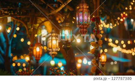 Celebrate Eid Mubarak with vibrant lanterns and decorations. Join family and friends for joy! Celebrate Eid Mubarak with vibrant lanterns and decorations. Join family and friends for joy! 127787380
