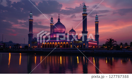 A mosque glows warmly for Eid Mubarak, symbolizing peace, harmony, and togetherness. 127787388