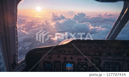 The cockpit offers a stunning view as pilots navigate clouds, blending beauty with responsibility. 127787434