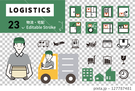 與物流、送貨上門、送貨、運輸和快遞服務相關的圖標集 127787481