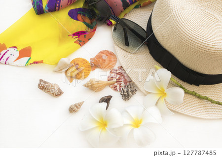 hat, sunglasses, scarf of lifestyle woman relax summer season with shellfhish hat, sunglasses, scarf of lifestyle woman relax summer season with shellfhish 127787485