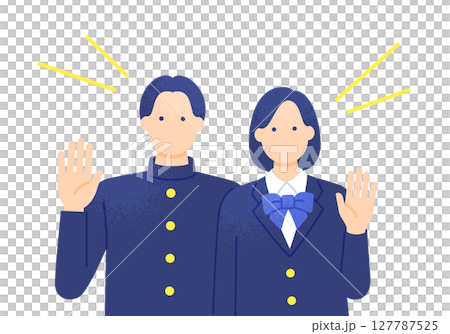 High school students waving their hands. Upper body vector illustration of men and women in uniforms 127787525