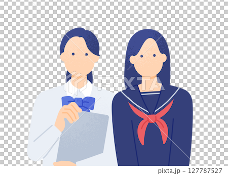 Fun school life A girl holding a tablet and a girl snuggling up to each other Vector material of two friends 127787527