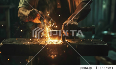 A blacksmith hammers glowing metal on an anvil, sparks flying, showcasing traditional metalworking skill. A blacksmith hammers glowing metal on an anvil, sparks flying, showcasing traditional metalworking skill. 127787564