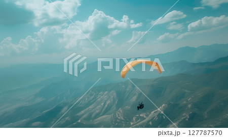 A low-angle shot shows a paraglider soaring above rugged peaks, highlighting the majesty of earth and sky. 127787570