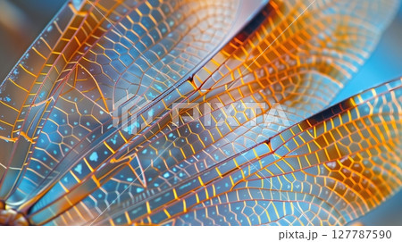 Close-up of a dragonfly's wings shows intricate patterns and vibrant colors, capturing its stunning beauty. 127787590