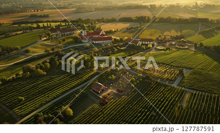 A stunning aerial view of a vast farm with diverse crops and well-maintained buildings under a clear sky. 127787591