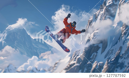 A low-angle shot captures a snowboarder executing an aerial trick against snow-covered mountains. 127787592